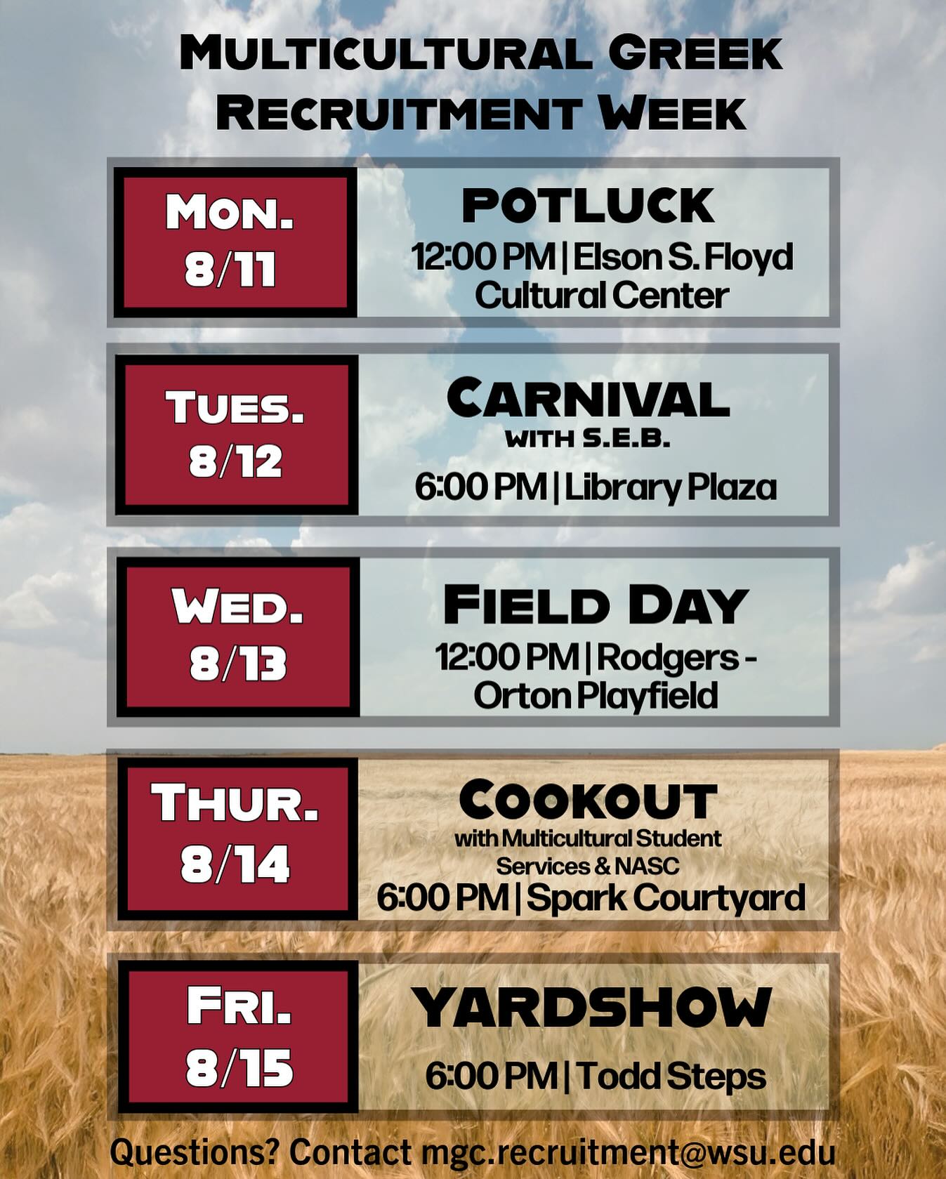 August is here which means Multicultural Greek Recruitment Week is 10 DAYS AWAY!
We are so excited for our events, and hope you come learn about our great organizations and join our incredible community!
Stay in the know by registering for recruitment using the link in our Bio or visiting wsumgc.com! #MGRW2025