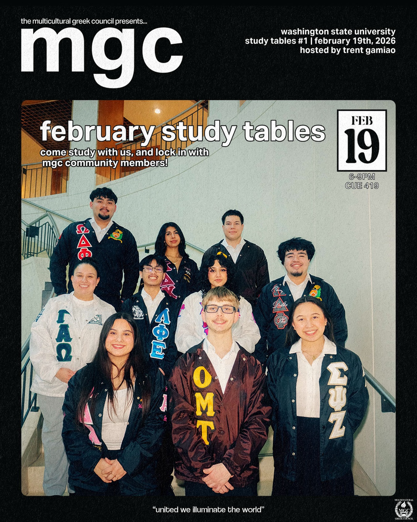Need a space to study this week?

Our amazing VP of Scholarship Trent Gamiao will be hosting MGC Study Tables this Thursday at CUE 419 from 6pm-9pm

Hope to see you there!